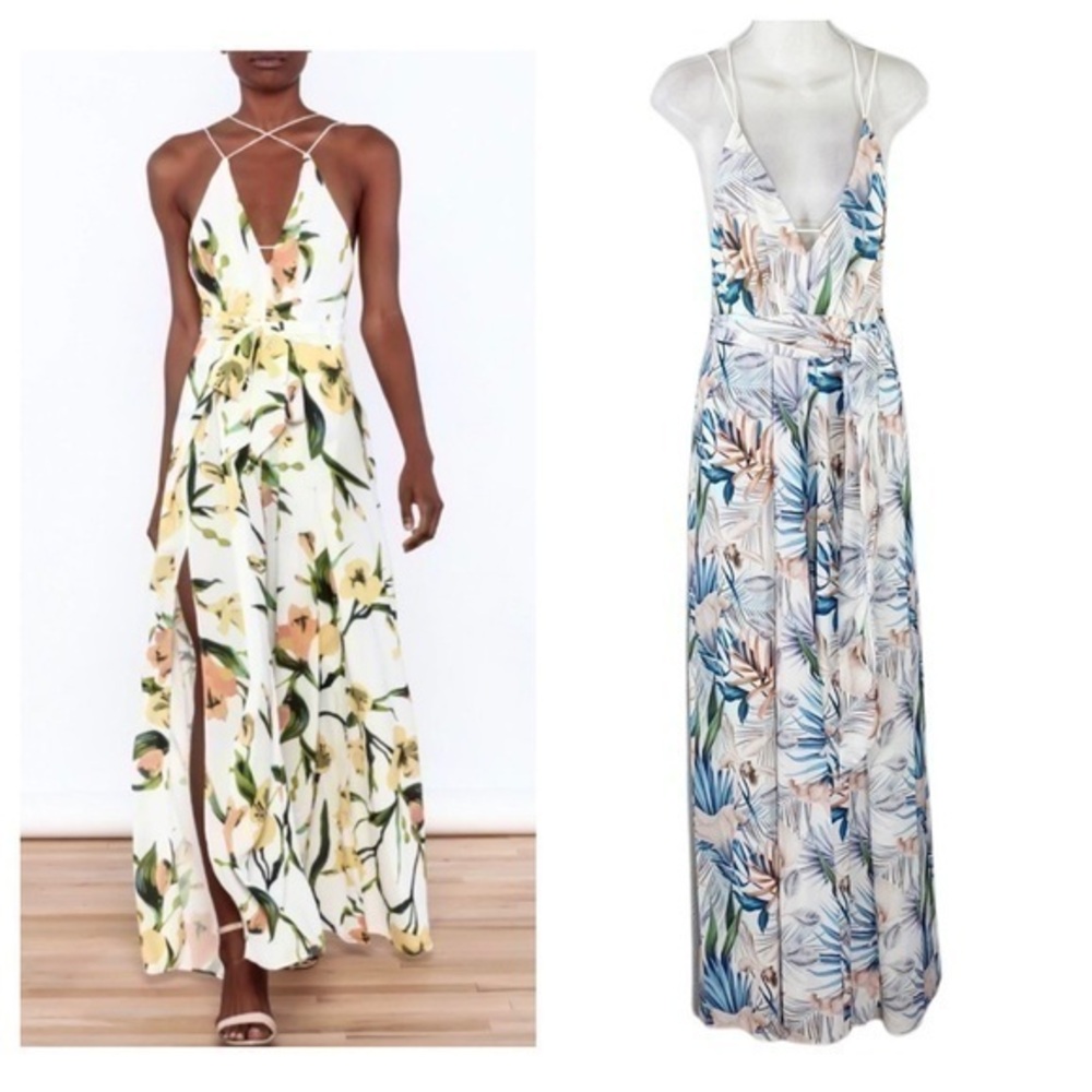 Luxxel Ariana white blue tropical print strappy split leg jumpsuit Medium M SS17